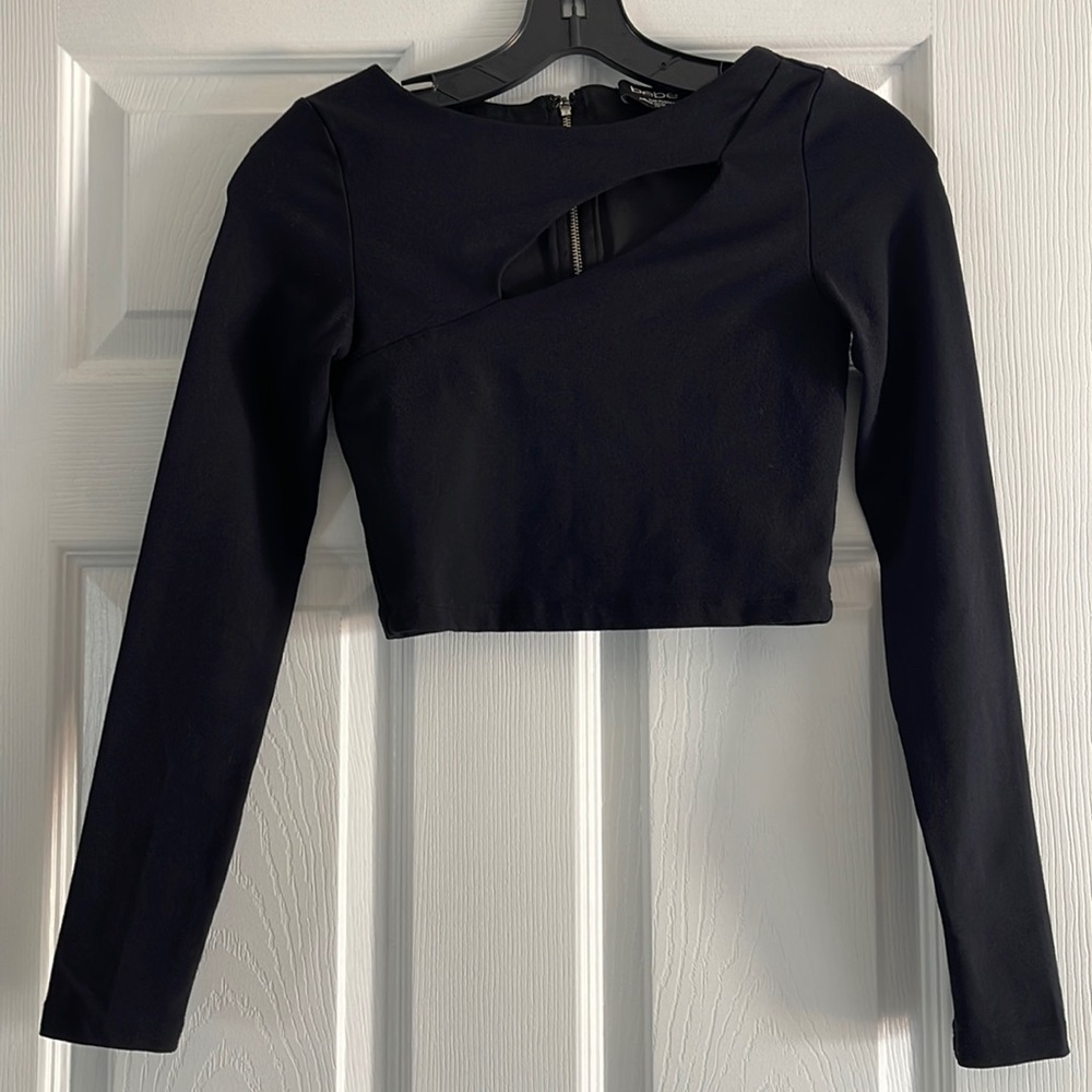 bebe Black Crop Top Long-Sleeves Made in USA, size XS